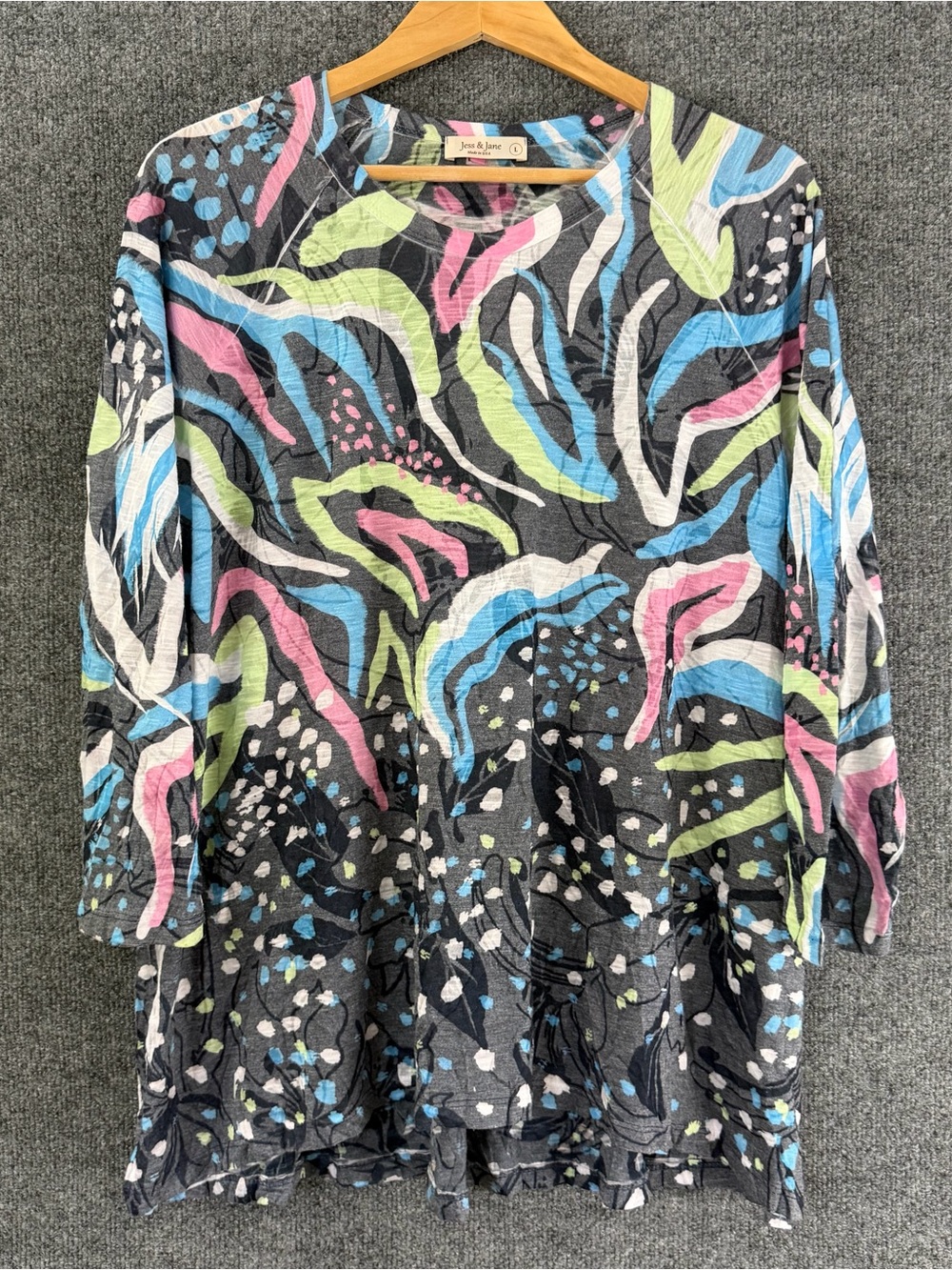 Jess & Jane Womens Multicolor Tunic Top Size Large 3/4 Sleeve Artsy Casual